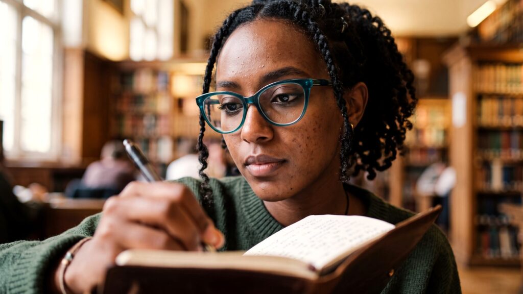 A woman with braids and teal glasses writes in a notebook at a library table, surrounded by bookshelves