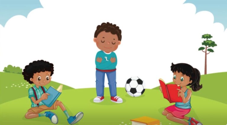 Illustration from I Like Being Me: three children reading and playing on a sunny field